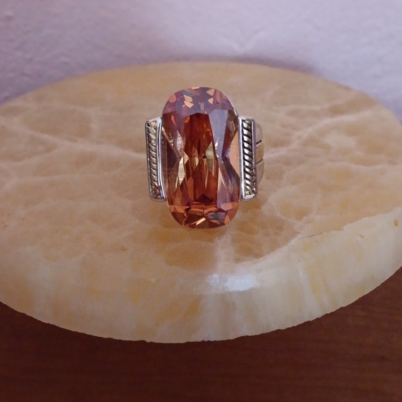 Silver Tone Gold Accented Emerald Cut Topaz Quartz Ring - Picture 1 of 13